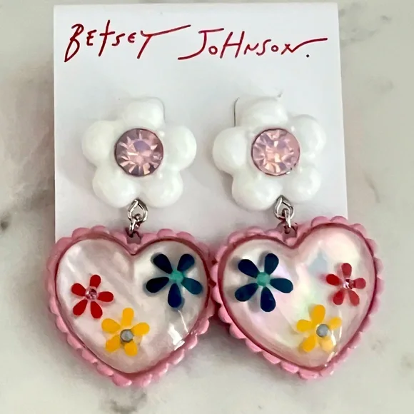New Betsey Johnson HOP TO IT FLOWER HEART DROP EARRINGS - Picture 5 of 9